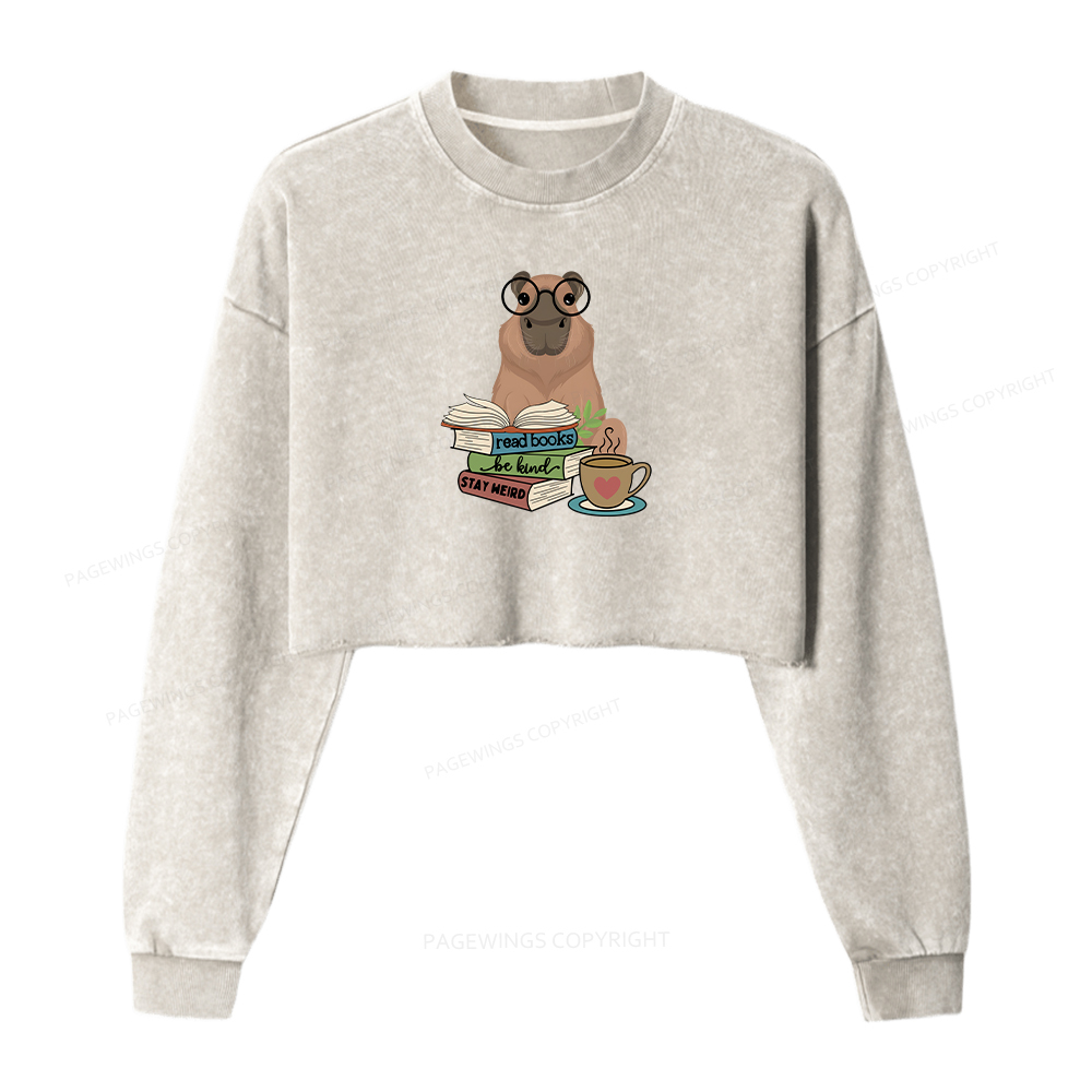 Pagewings Capybara Reading Washed Crop Sweatshirt