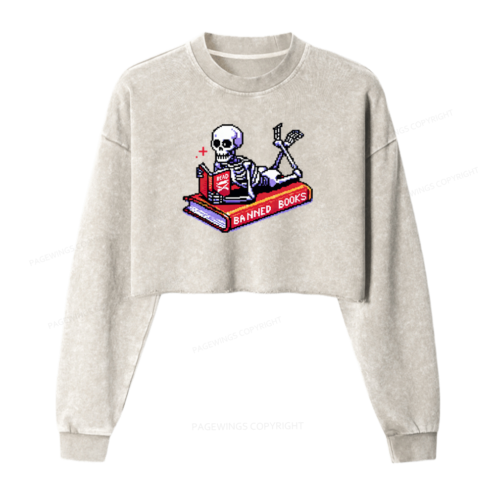 Pagewings Read Banned Books Skeleton Washed Crop Sweatshirt