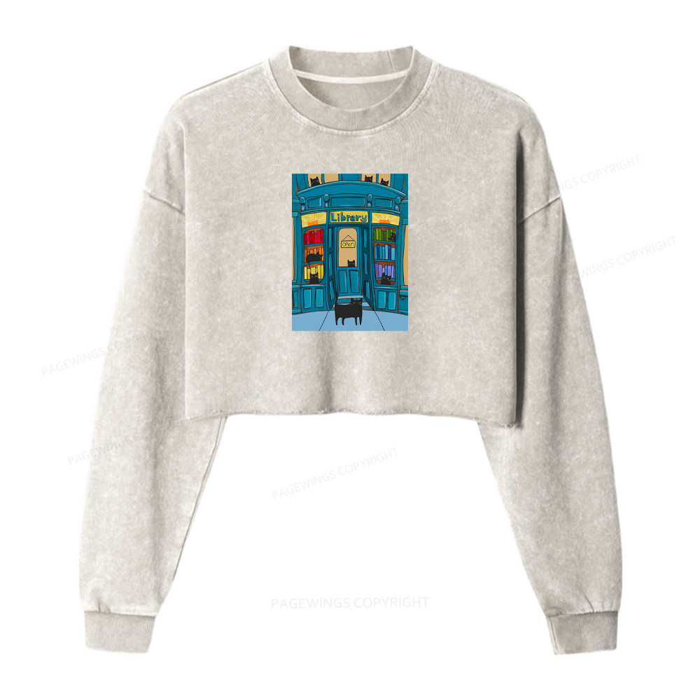 Pagewings The Library Cats Washed Crop Sweatshirt