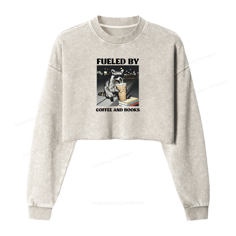 Pagewings Raccoon Reading And Drinking Iced Coffee Washed Crop Sweatshirt