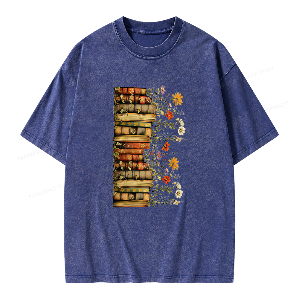 Pagewings Floral Books Unisex Washed T-shirt