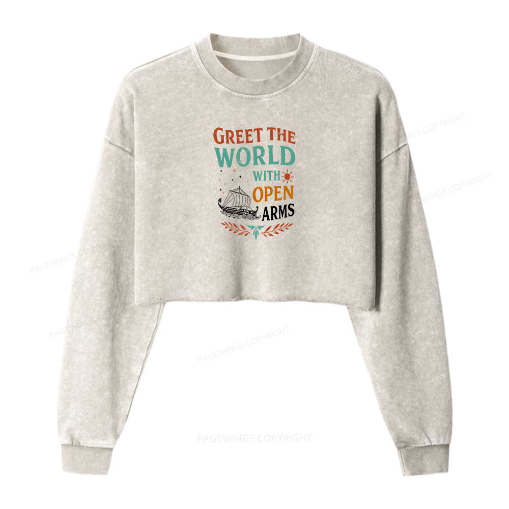 Pagewings Greet the World With Open Arms Washed Crop Sweatshirt