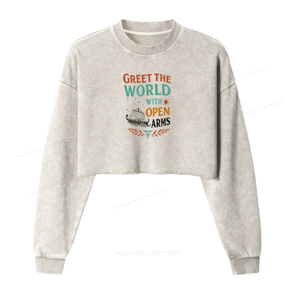 Pagewings Greet the World With Open Arms Washed Crop Sweatshirt