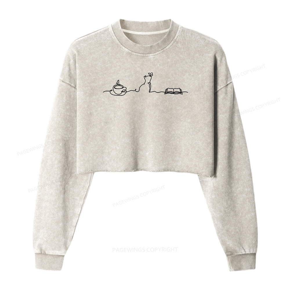 Pagewings Coffee Cats And Books Lover Washed Crop Sweatshirt