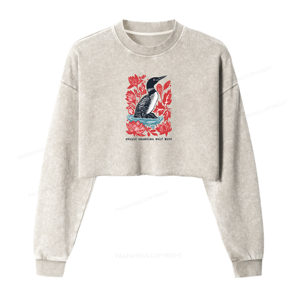 Pagewings Stupid Canadian Wolf Bird Washed Crop Sweatshirt