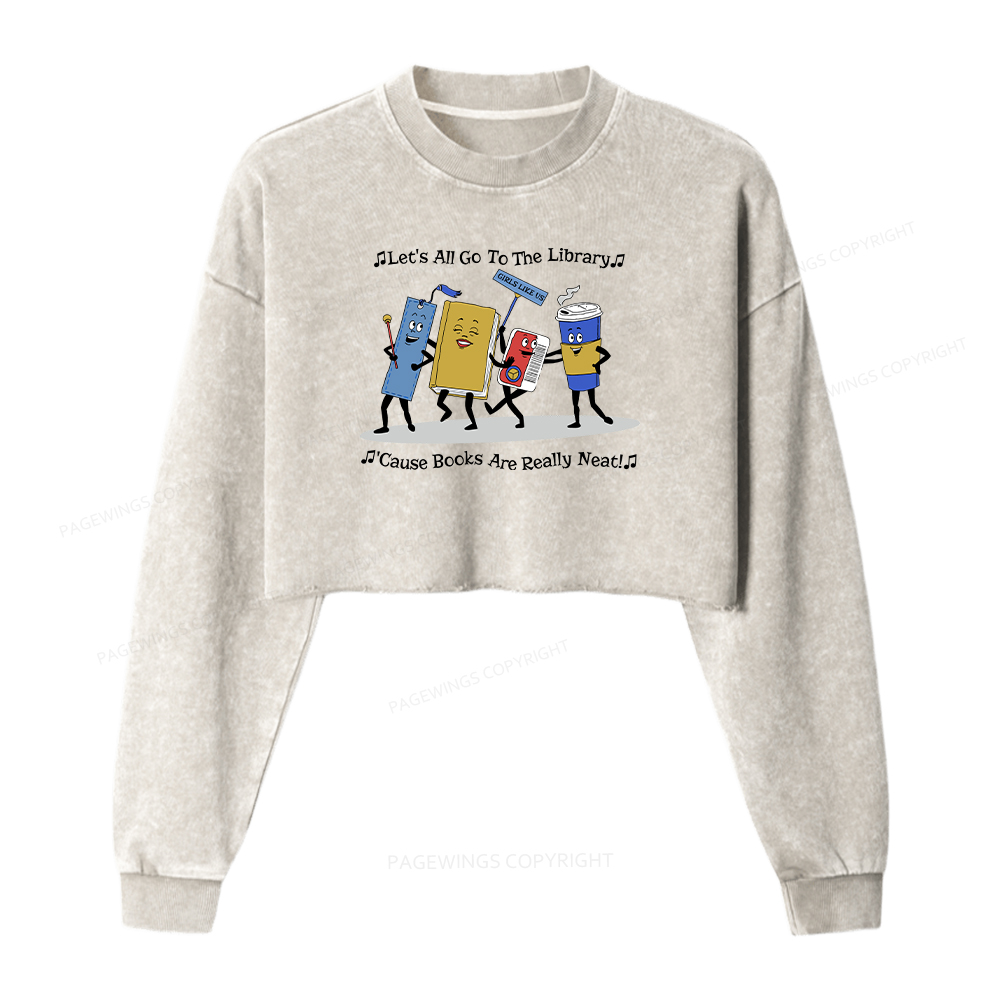 Pagewings Let's All Go To The Library Washed Crop Sweatshirt