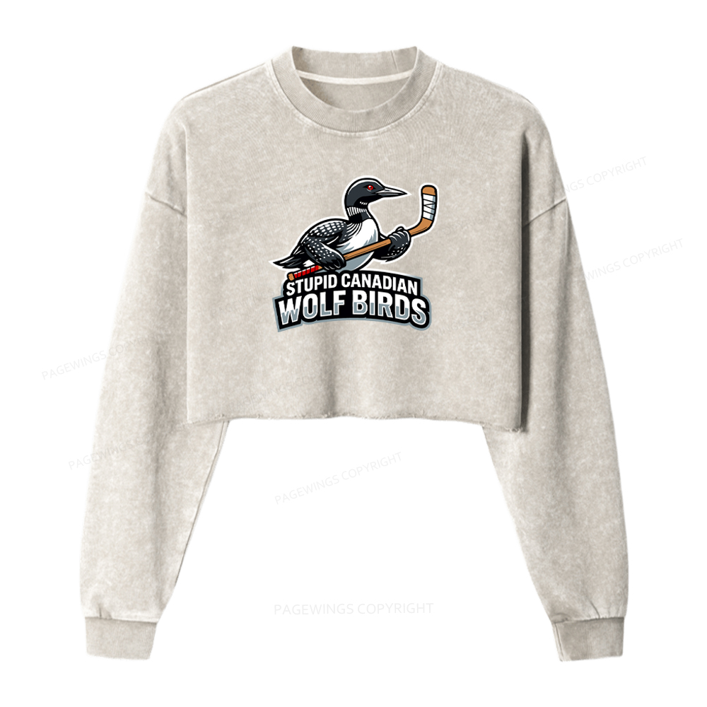 Pagewings Stupid Canadian Wolf Birds Washed Crop Sweatshirt