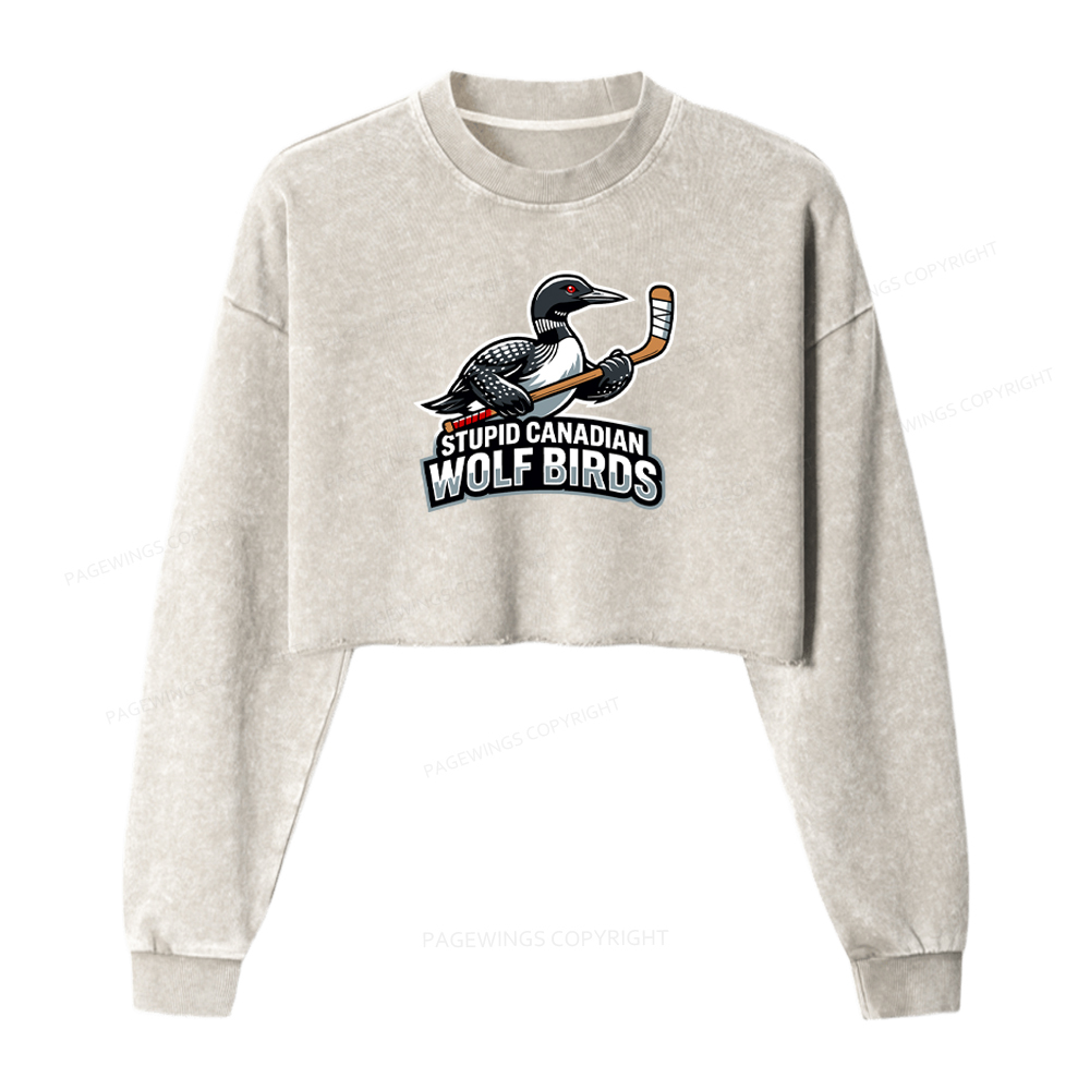 Pagewings Stupid Canadian Wolf Birds Washed Crop Sweatshirt