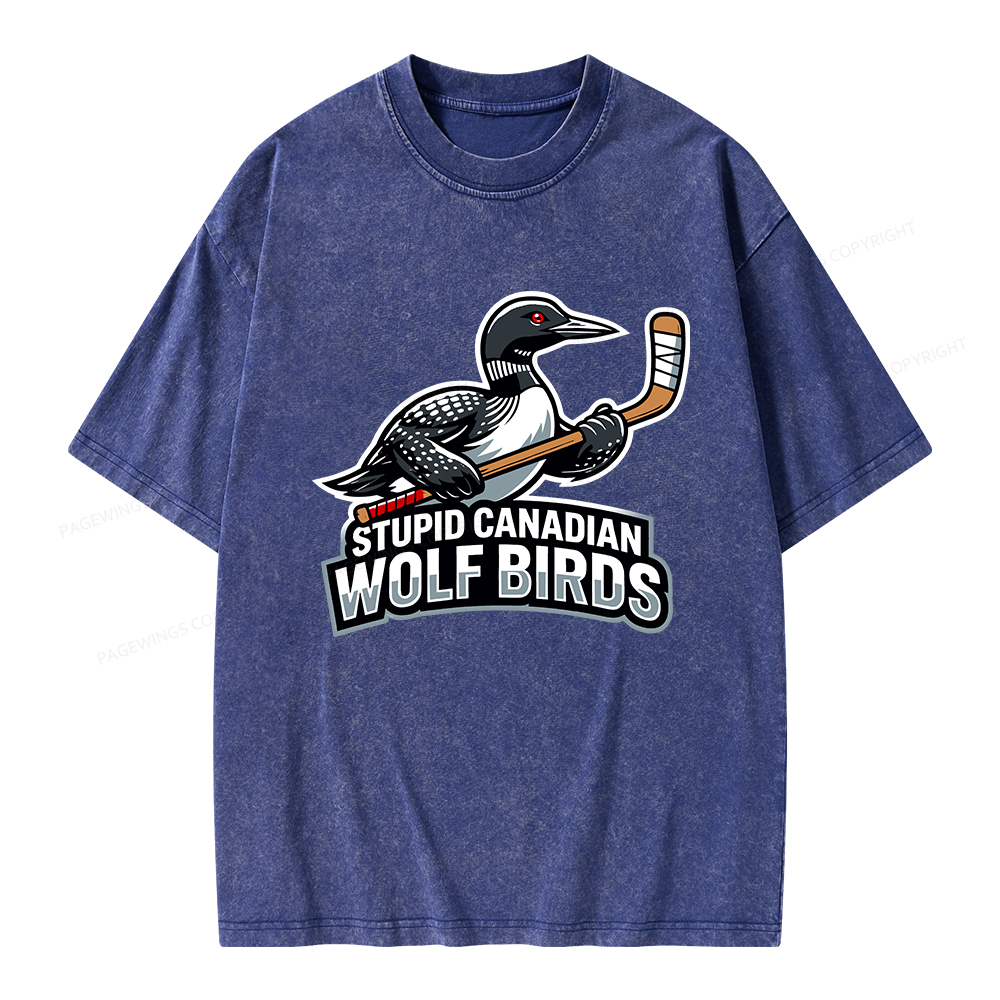 Pagewings Stupid Canadian Wolf Birds Funny Unisex Washed T-shirt