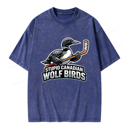 Pagewings Stupid Canadian Wolf Birds Funny Unisex Washed T-shirt