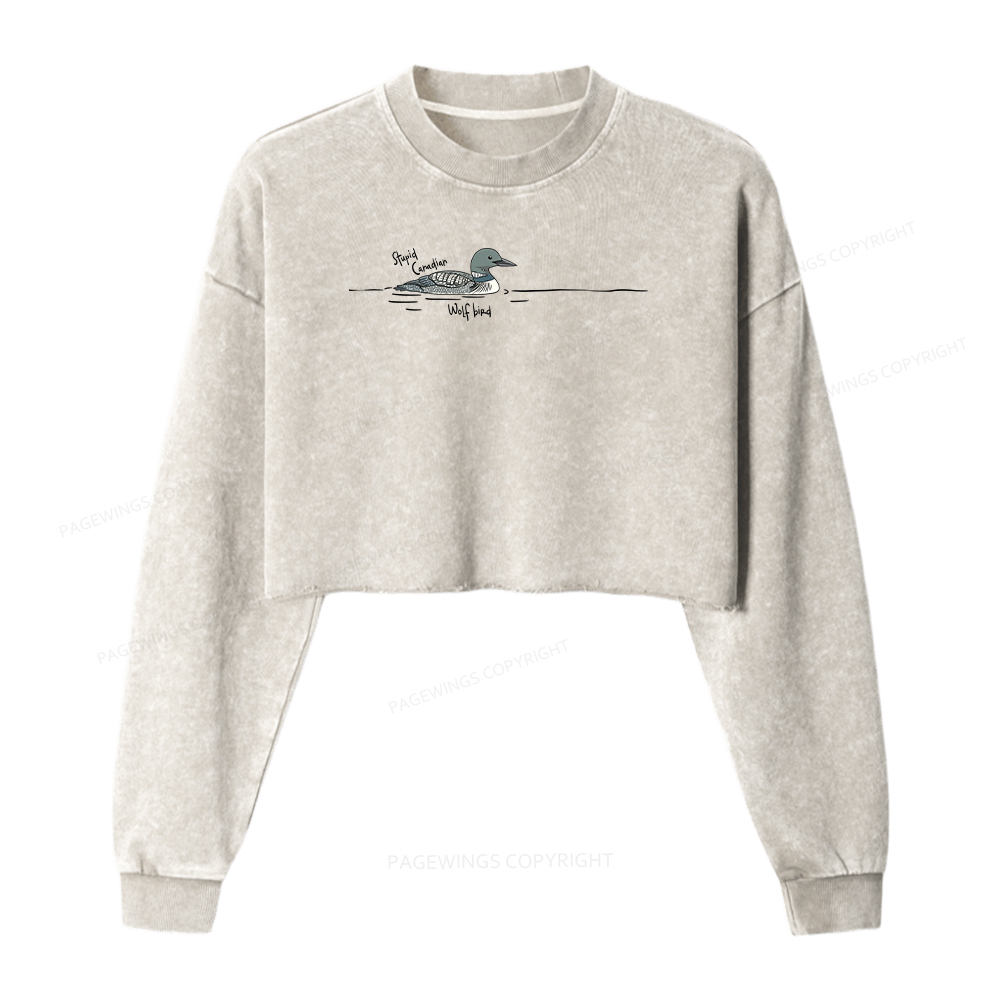 Pagewings Stupid Canadian Wolf Bird Washed Crop Sweatshirt