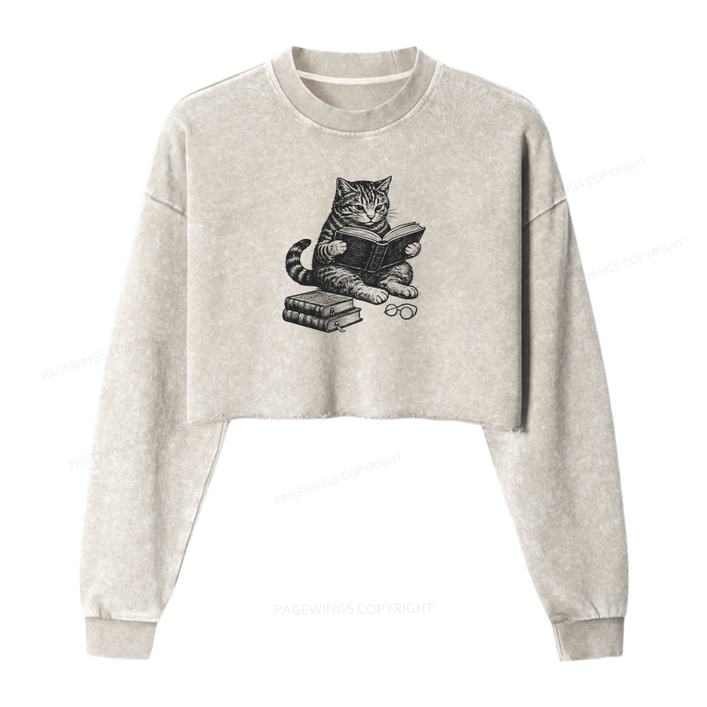 Pagewings Cat Reading Book Washed Crop Sweatshirt