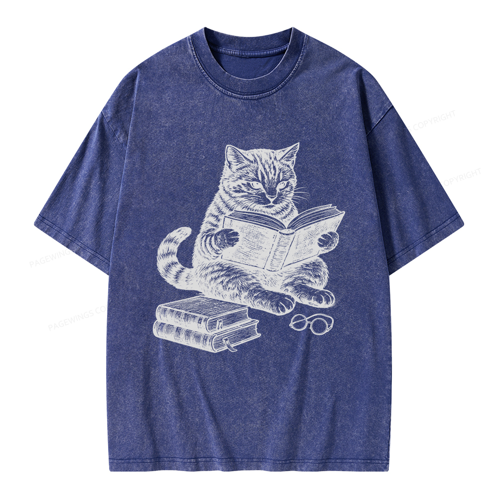 Pagewings Cat Reading Book Unisex Washed T-shirt