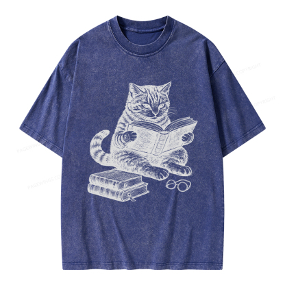 Pagewings Cat Reading Book Unisex Washed T-shirt