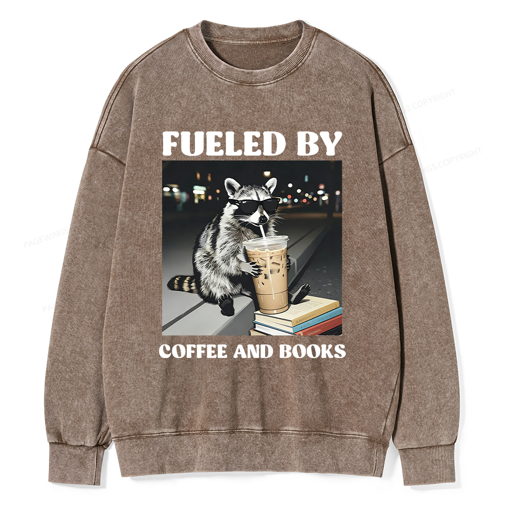 Pagewings Raccoon Reading And Drinking Iced Coffee Washed Sweatshirt