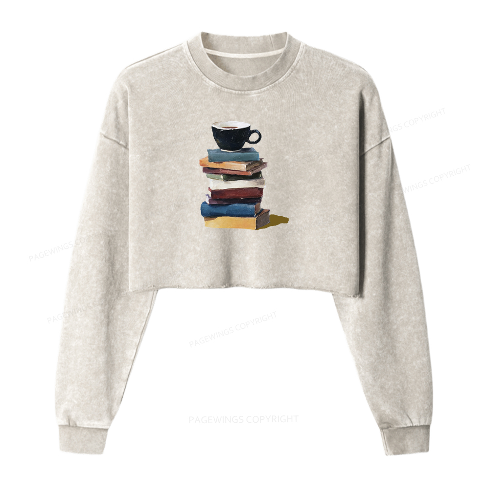 Pagewings Coffee And Books Washed Crop Sweatshirt