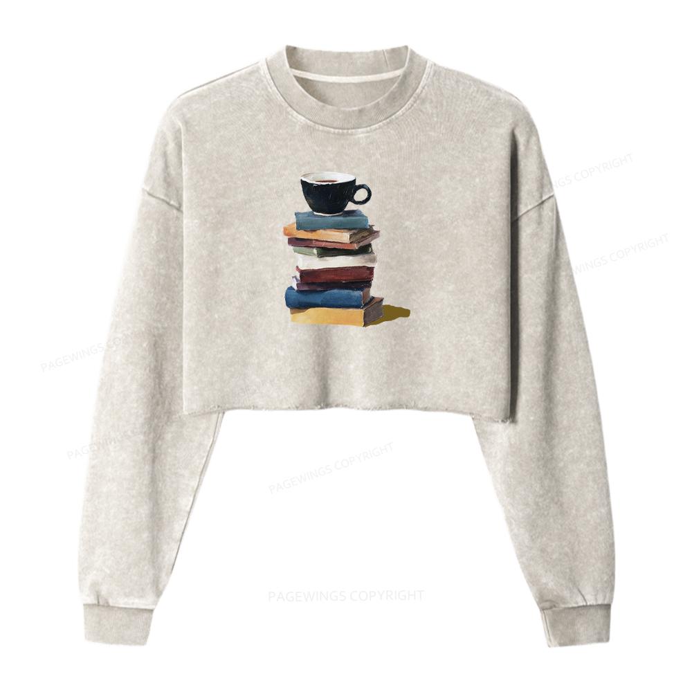 Pagewings Coffee And Books Washed Crop Sweatshirt