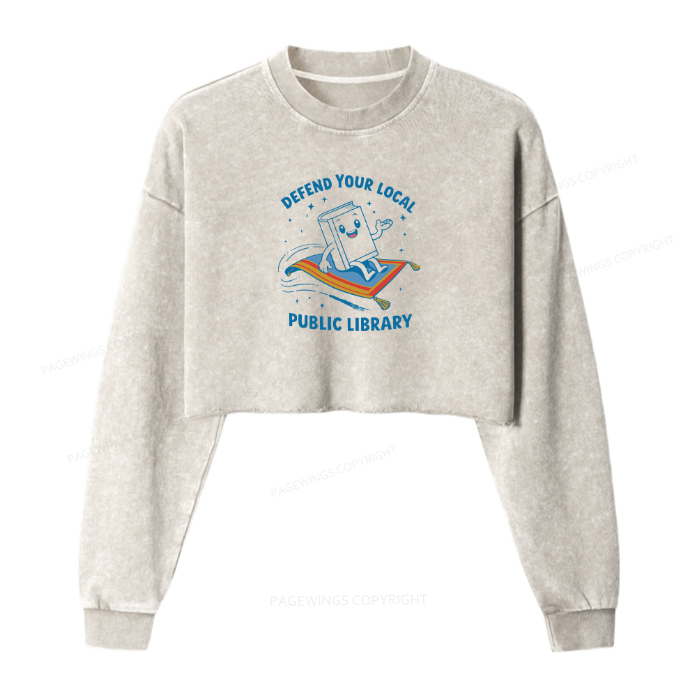 Pagewings Defend Your Local Public Library Washed Crop Sweatshirt