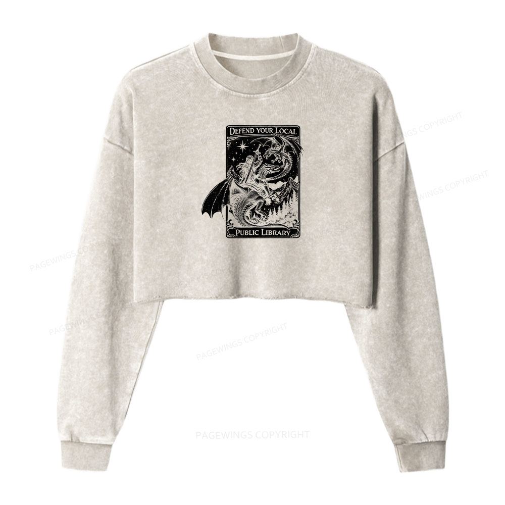 Pagewings Defend Your Local Public Library Washed Crop Sweatshirt