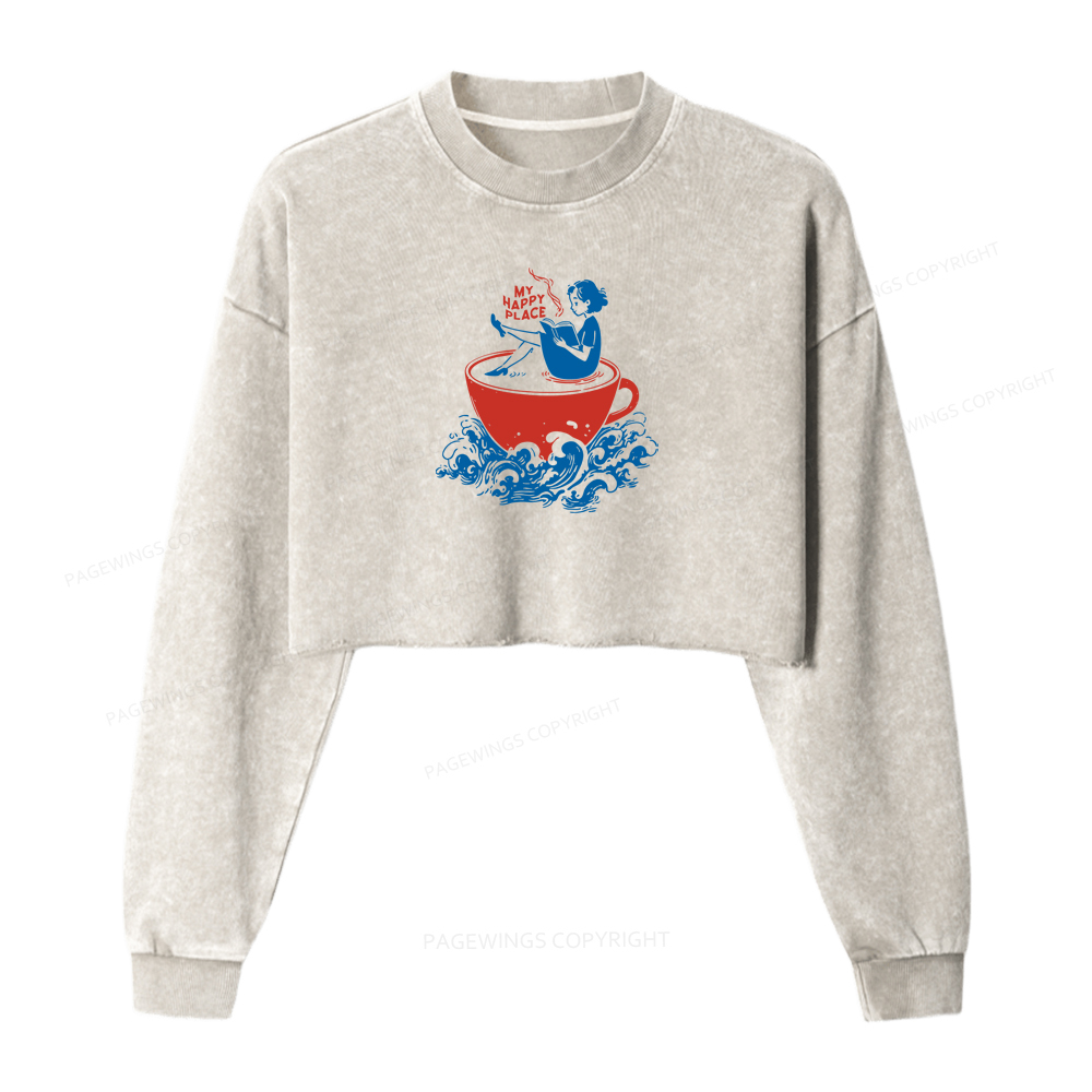 Pagewings Coffee And Books Washed Crop Sweatshirt