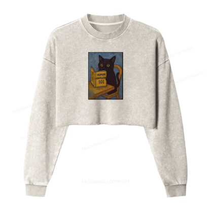 Pagewings Funny Cat Washed Crop Sweatshirt