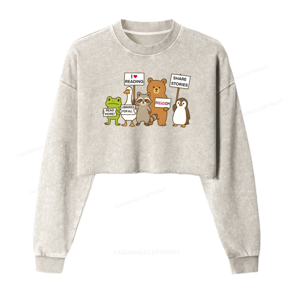 Pagewings Animals Protest Washed Crop Sweatshirt