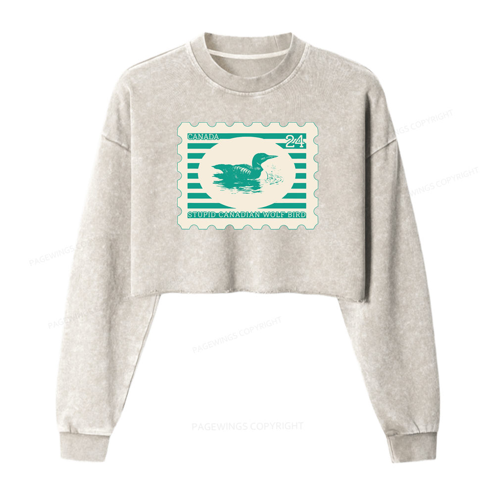 Pagewings Stupid Canadian Wolf Bird Washed Crop Sweatshirt