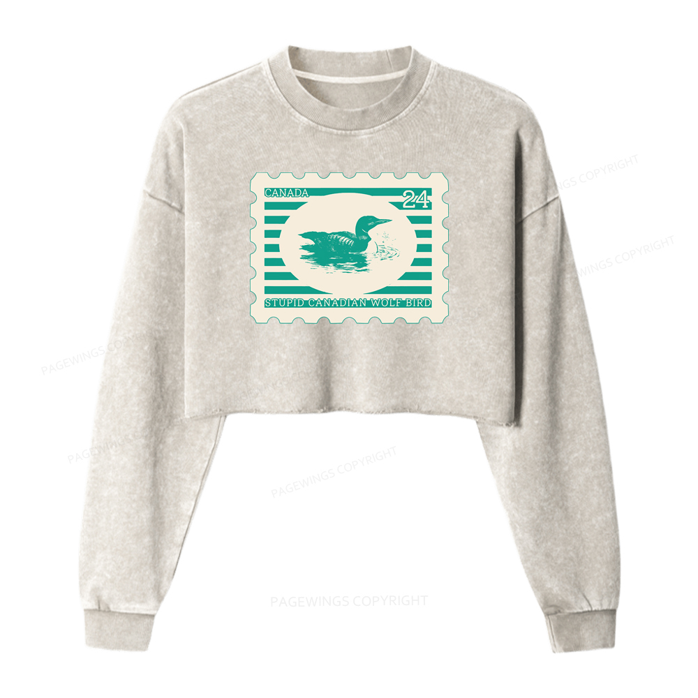 Pagewings Stupid Canadian Wolf Bird Washed Crop Sweatshirt