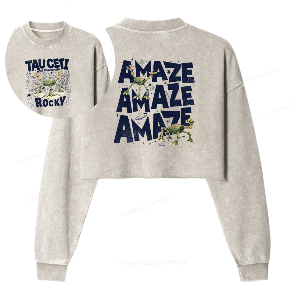 Pagewings Rocky Tau Ceti Home of Astrophage Washed Crop Sweatshirt