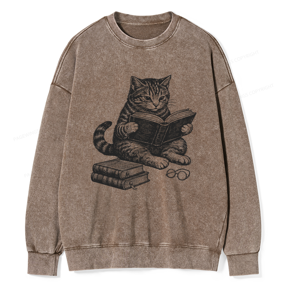 Pagewings Cat Reading Book Unisex Washed Sweatshirt