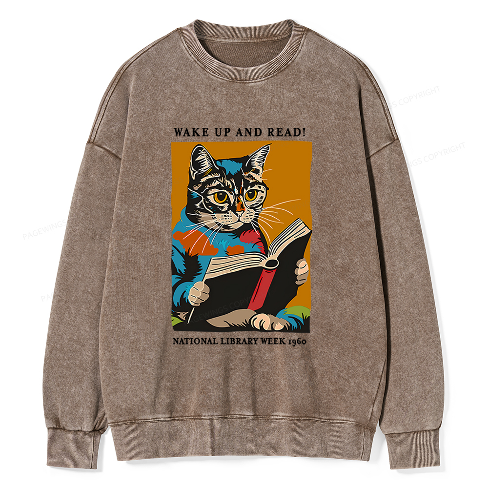 Pagewings Cat Reading Poster Unisex Washed Sweatshirt