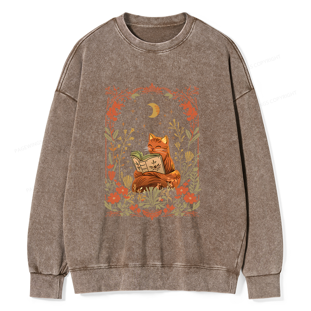 Pagewings Cat Wildflower Book Reading Unisex Washed Sweatshirt