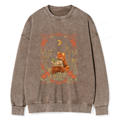 Pagewings Cat Wildflower Book Reading Unisex Washed Sweatshirt