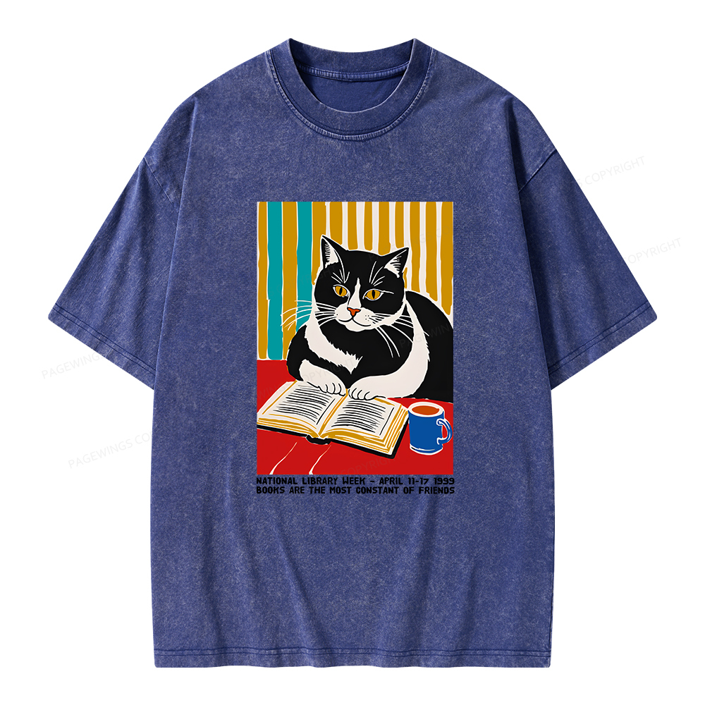 Pagewings Ational Library Week Cat Poster Unisex Washed T-shirt