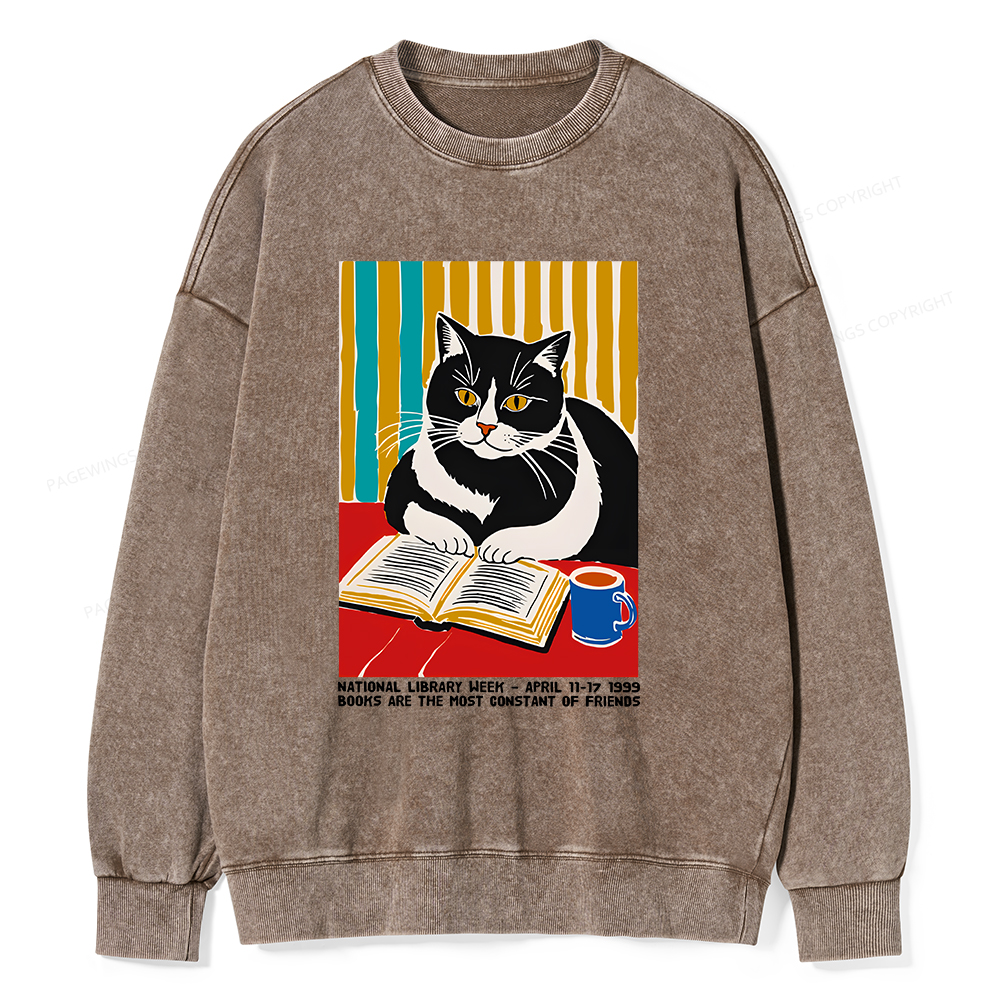 Pagewings Ational Library Week Cat Poster Unisex Washed Sweatshirt