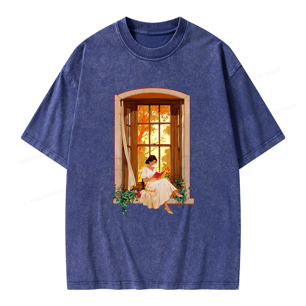 Pagewings Book Lovers Reading By The Window  Unisex Washed T-shirt