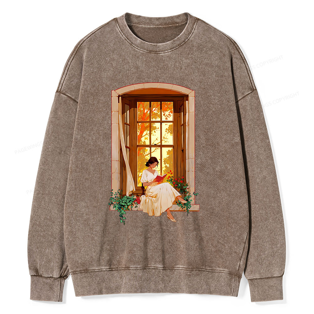 Pagewings Book Lovers Reading By The Window Unisex Washed Sweatshirt