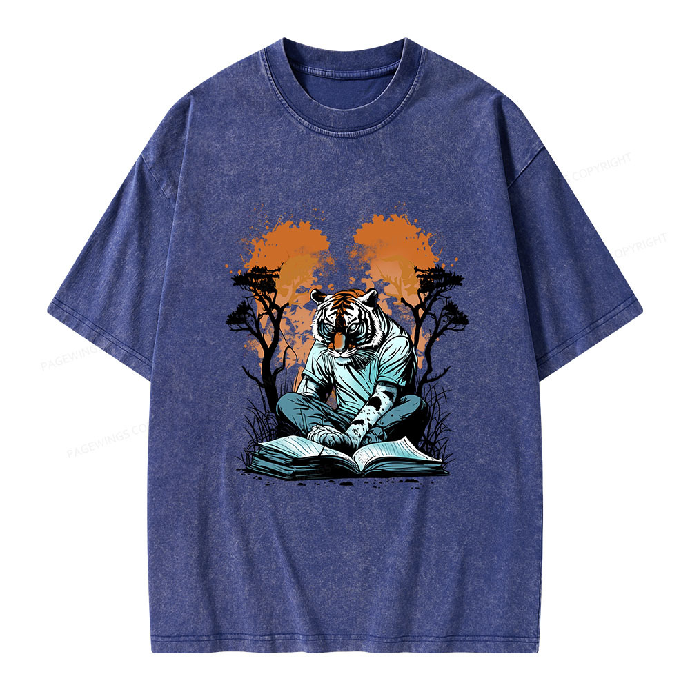 Pagewings Tiger Reading A Book Unisex Washed T-shirt