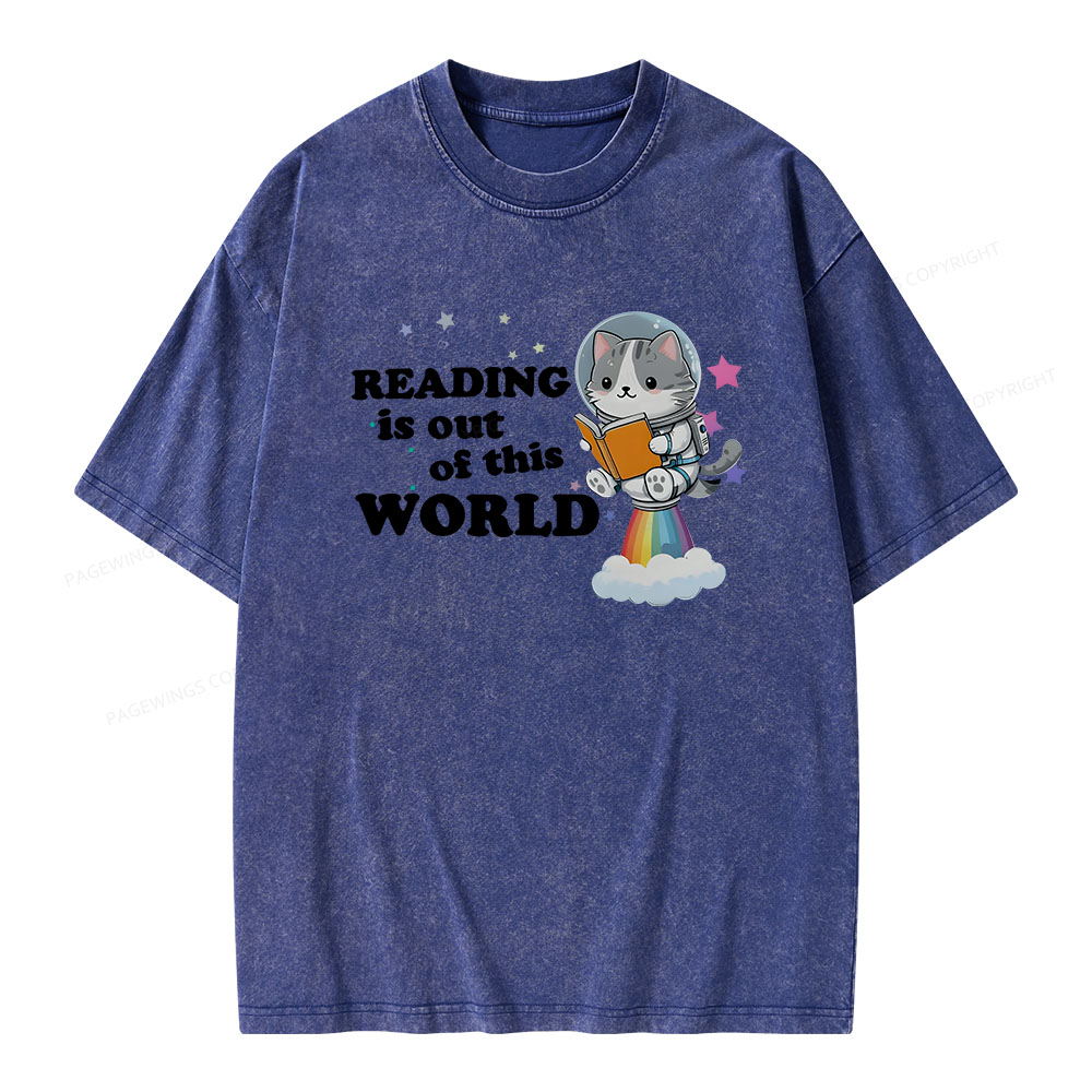 Pagewings Cat Reading in Space Unisex Washed T-shirt