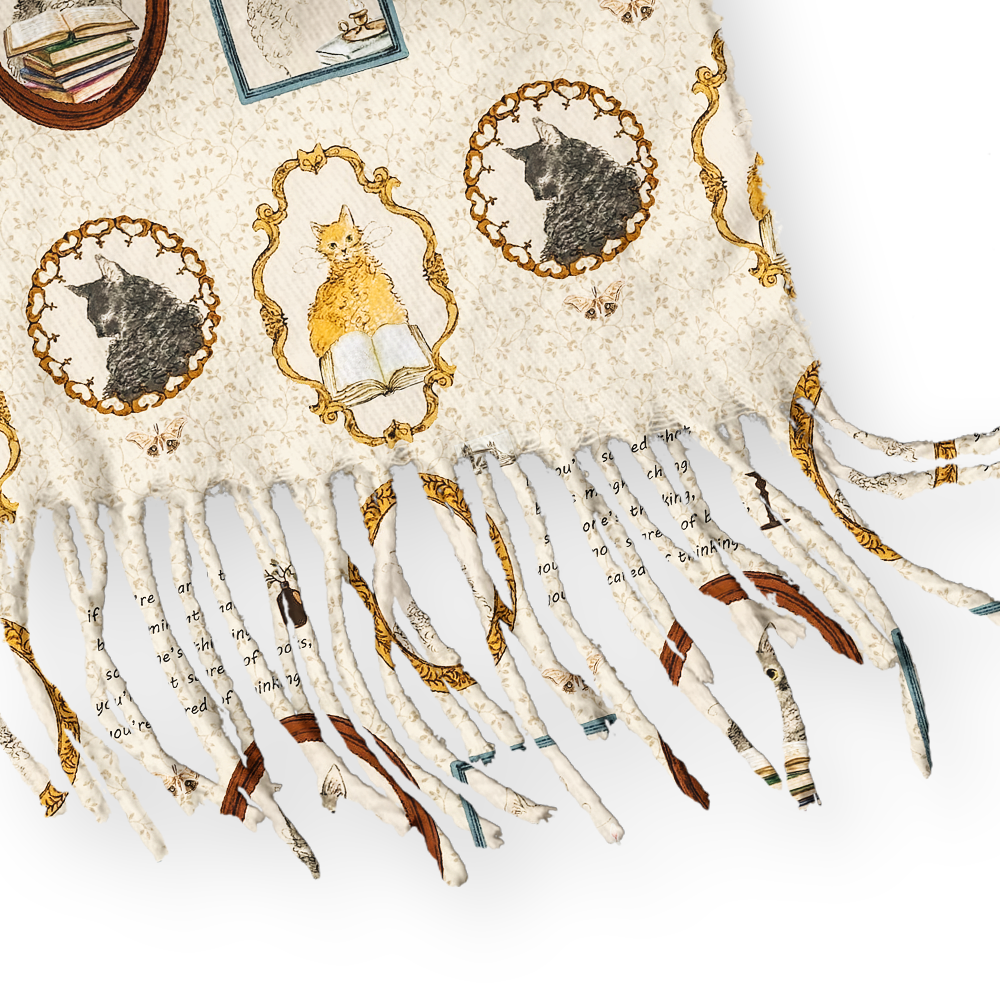 Pagewings Cat Reading  Long Fringe Scarf 