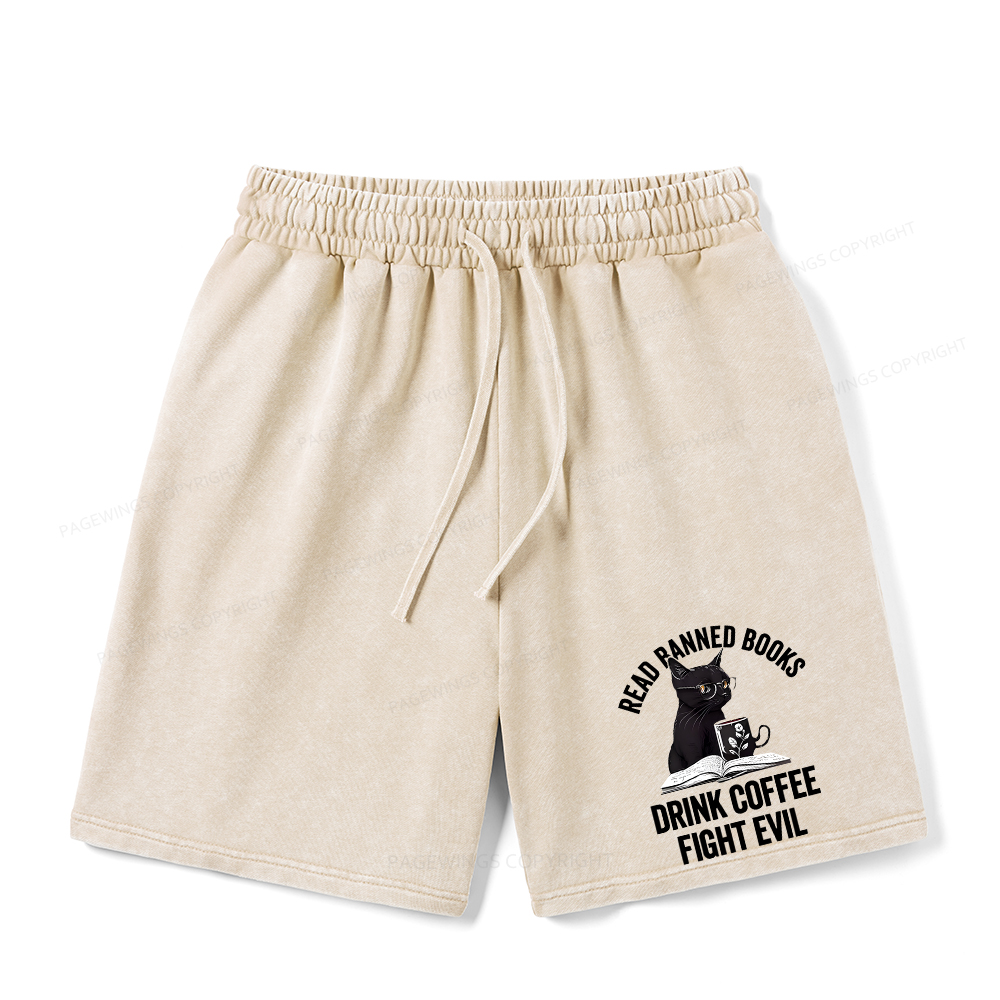 Pagewings Read Books Drink Coffee Fight Evil Unisex Washed Shorts