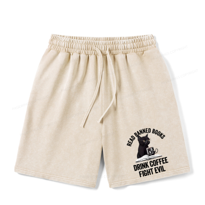 Pagewings Read Books Drink Coffee Fight Evil Unisex Washed Shorts