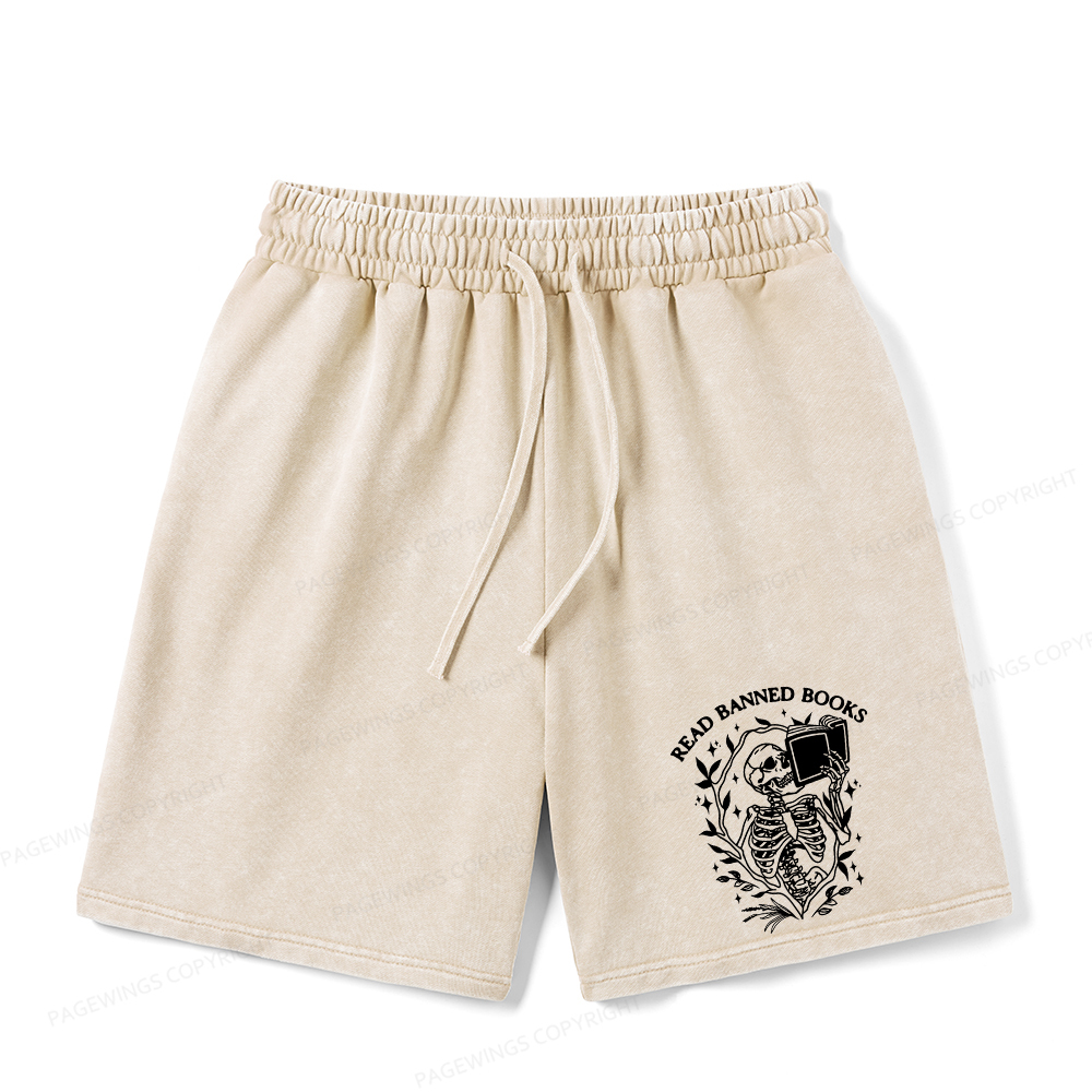 Pagewings Read Banned Books Skeleton Halloween Unisex Washed Shorts