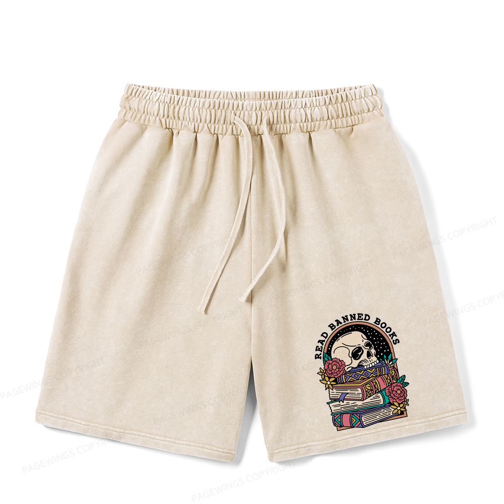 Pagewings Read Banned Book Floral  Unisex Washed Shorts