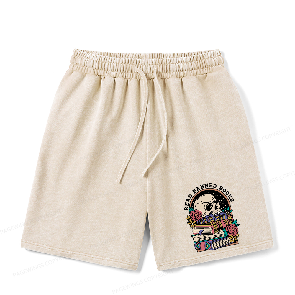 Pagewings Read Banned Book Floral  Unisex Washed Shorts
