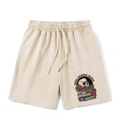 Pagewings Read Banned Book Floral  Unisex Washed Shorts