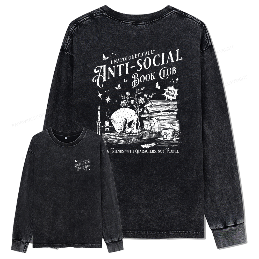 pagewings Anti-social Book Club Comfort Color Unisex Washed Long Sleeve T-shirt