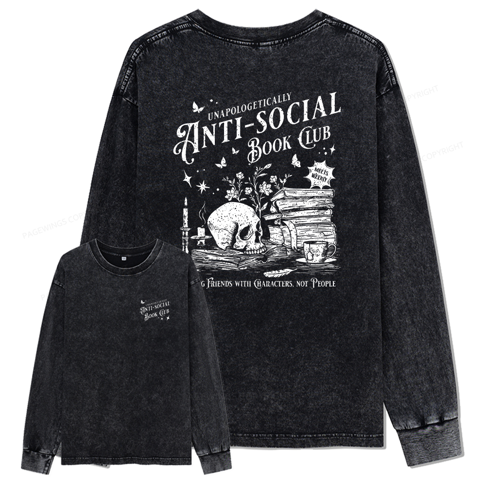 pagewings Anti-social Book Club Comfort Color Unisex Washed Long Sleeve T-shirt