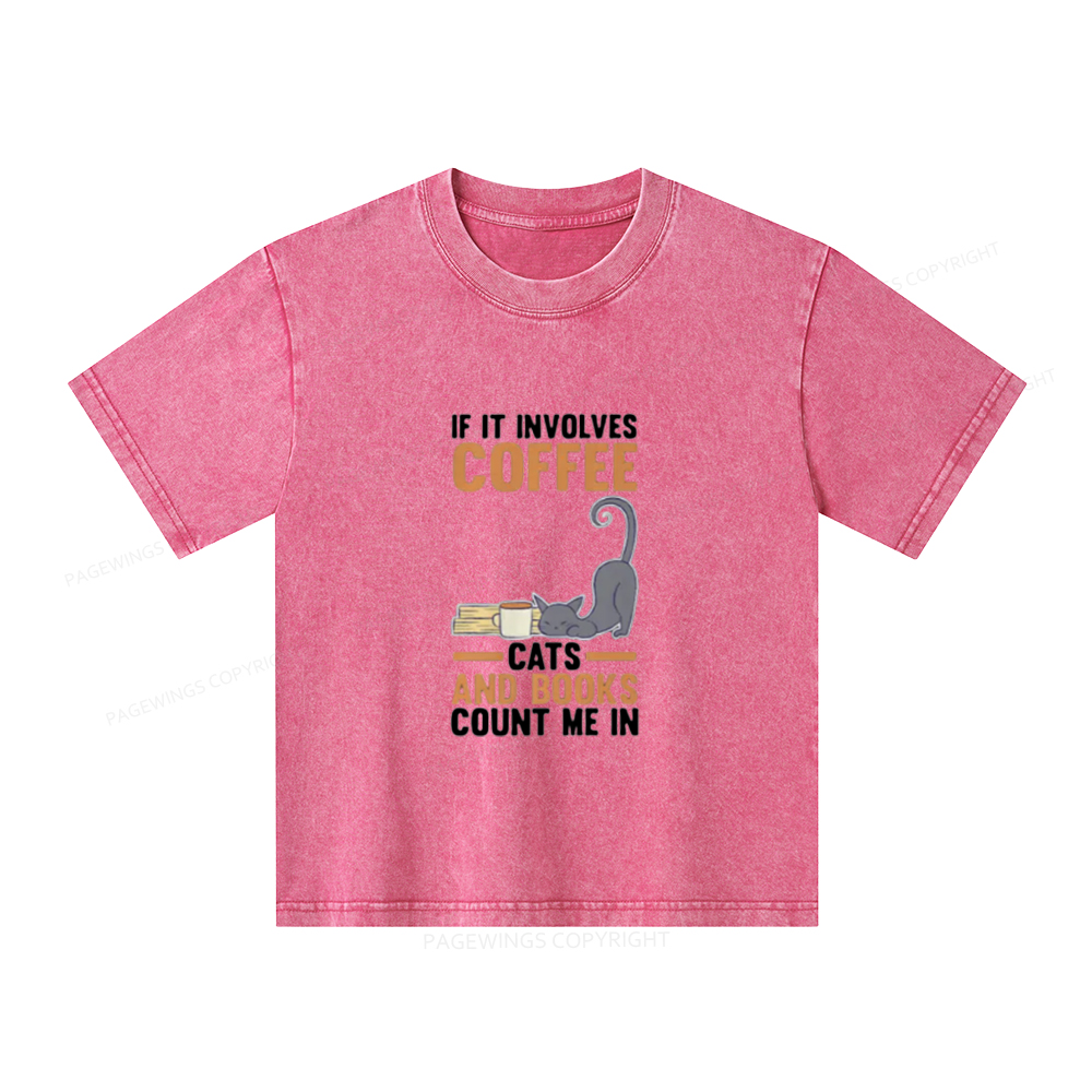 Pagewings Cats Reading Books Coffee T Shirts Unisex Kids Washed T-shirt