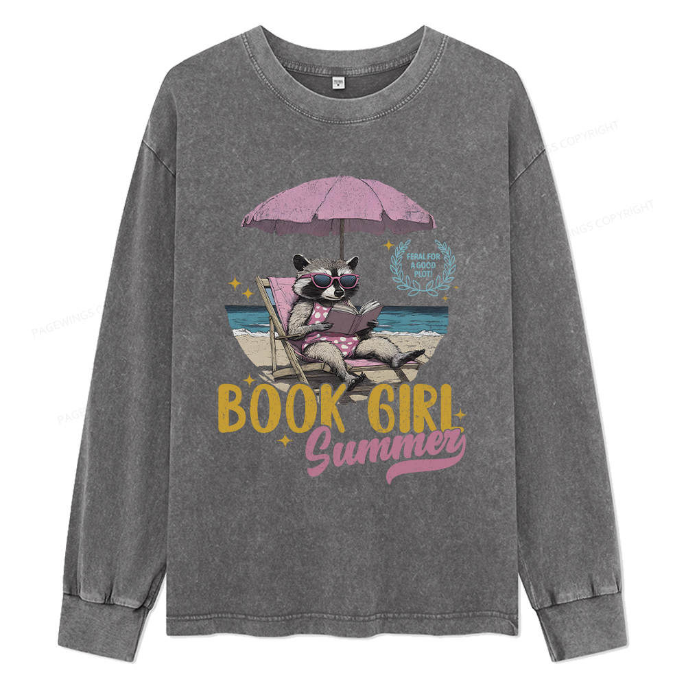 Pagewings Book Girl Summer Unisex Washed Long Sleeve T-shirt
